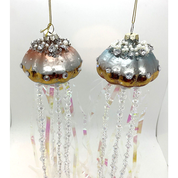 2 Jellyfish Ornaments Glass Pink & Blue Christmas Pearl Flowing Tentacles - Picture 8 of 10